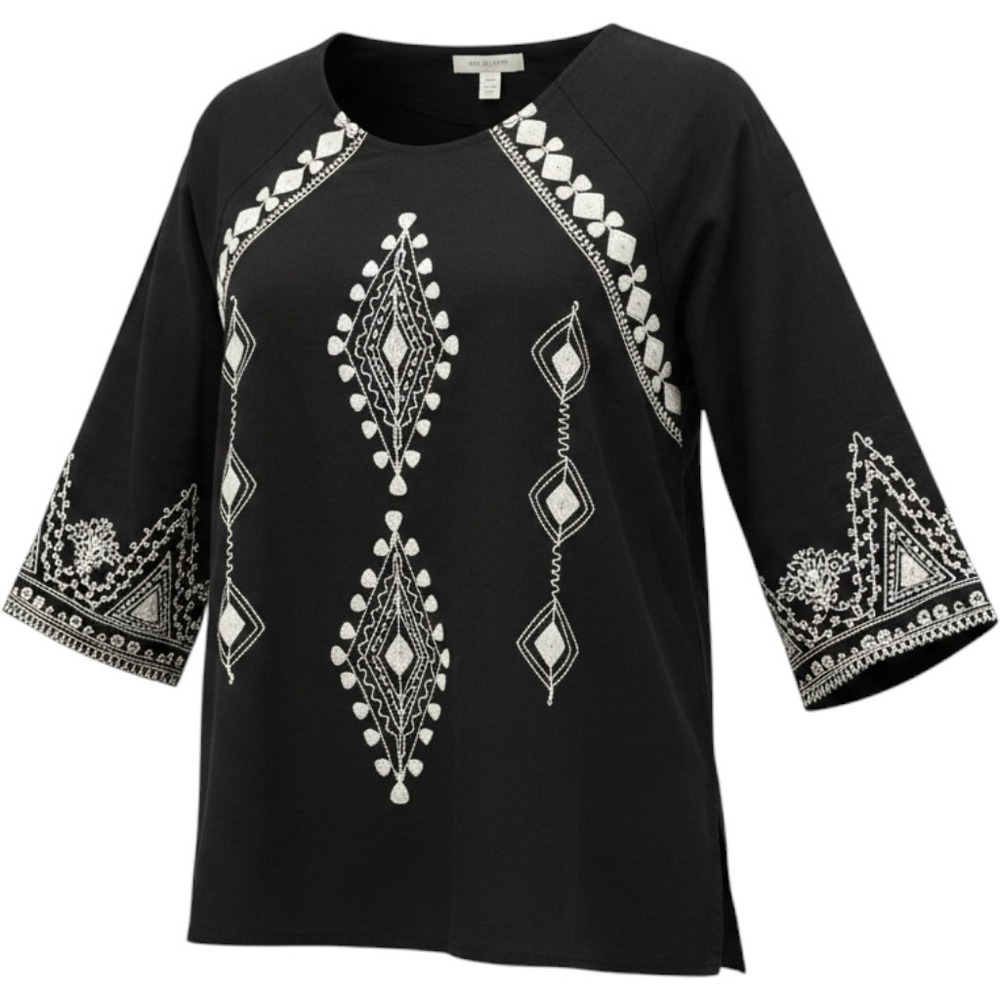 Tru Luxe Jeans Black Embroidered V-Neck Blouse 3/4 Sleeve Boho Top Small